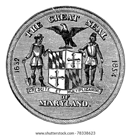 Great Seal of the State of Maryland, United States, vintage engraving. Old engraved illustration of Great Seal of the State of Maryland isolated on a white background. Trousset Encyclopedia