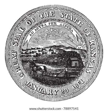 The Great Seal of the State of Kansas vintage engraving> old engraved illustration of the state seal of kansas. Trousset encyclopedia (1886 - 1891)