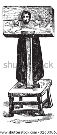 Pillory, after an ancient engraving, vintage engraved illustration. Trousset encyclopedia (1886 - 1891). Stockfoto © 