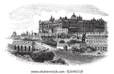 The Royal Palace of Madrid in Spain, during the 1890s, vintage engraving. Old engraved illustration of the Royal Palace of Madrid. Trousset encyclopedia (1886 - 1891).