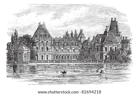Fontainebleau Palace in Paris, France, during the 1890s, vintage engraving. Old engraved illustration of Fontainebleau Palace. Trousset encyclopedia (1886 - 1891).