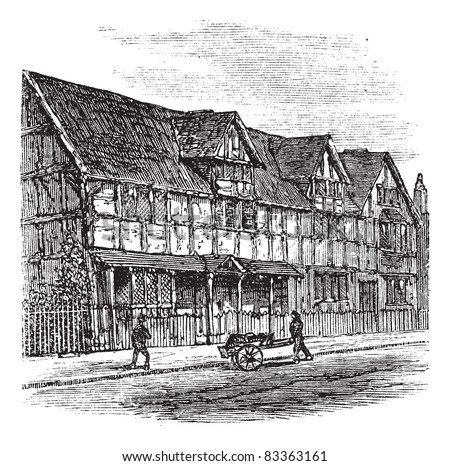 Shakespeare's Birthplace at Stratford-upon-Avon, vintage illustration. A view of the house that William Shakespeare was born in, Stratford-Upon-Avon, United Kingdom. Trousset encyclopedia 1886 - 1891