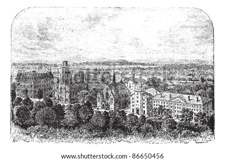 Wesleyan University in Middletown, United States, during the 1890s, vintage engraving. Old engraved illustration of Wesleyan University. Trousset encyclopedia (1886 - 1891).