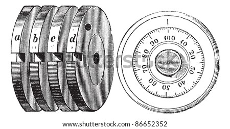 Rotary combination lock safe locking mechanism, vintage engraving, with Internal parts (left) and Outside of a Rotary combination lock (right), isolated on a white background. Magasin Pittoresque 1874