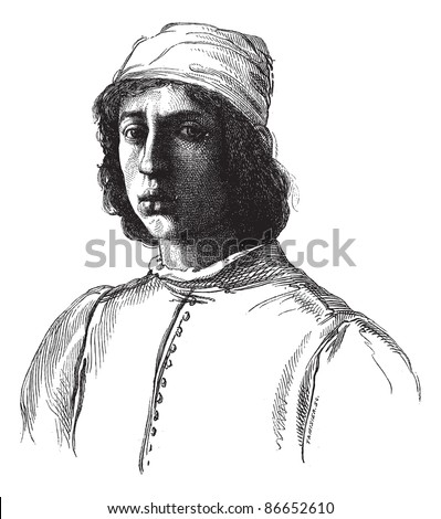  Uffizi Gallery in Florence. - Portrait painted by Filippino Lippi himself. - Drawing Chevignard, vintage engraved illustration. Magasin Pittoresque 1874.