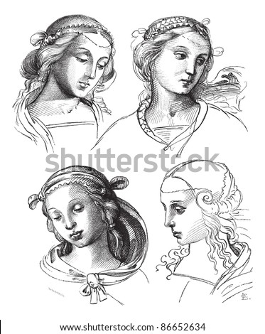 Pen drawings by Raphael, at the Academy of Fine Arts of Venice. - Drawing Chevignard, vintage engraved illustration. Magasin Pittoresque 1874.