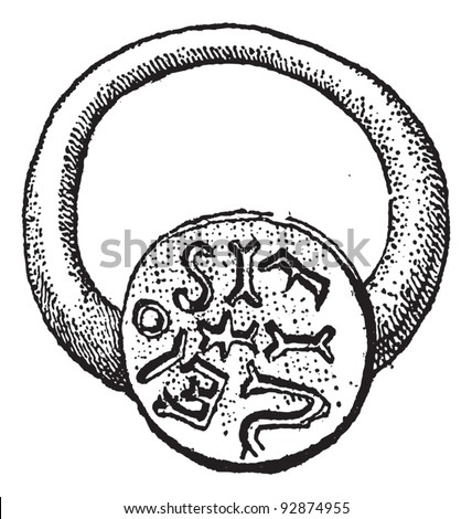 Seal, vintage engraved illustration. Signet ring with end cross in the center. Dictionary of words and things - Larive and Fleury - 1895.