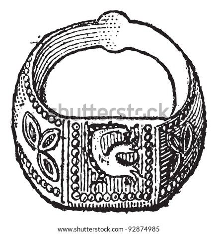 Seal, Signet ring with the symbol of the dove, vintage engraved illustration. Dictionary of words and things - Larive and Fleury - 1895.