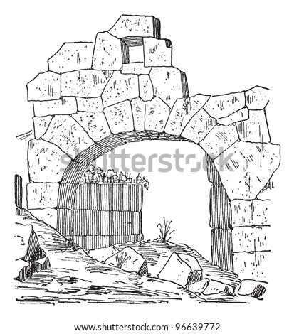 Construction of a fortification door made of stone, Masonry arch, vintage engraved illustration. Dictionary of words and things - Larive and Fleury - 1895.