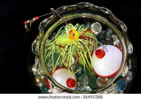 Fishing Lure and bobber in a table center piece.