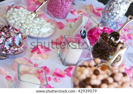 Colorful Wedding Candy Table with all the chocolate goodies on display.