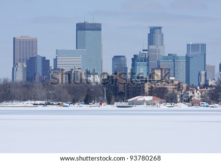 City of Minneapolis as viewed from a frozen lake.