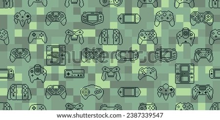 Video game controller background Gadgets and devices seamless green pattern Pixel Art style