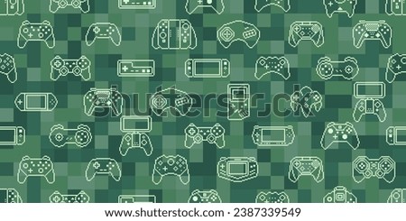 Video game controller background Gadgets and devices seamless green pattern Pixel Art style