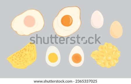 Hand drawn illustration of different ways to cook eggs. Fried egg, boiled egg, omelette, scramble egg. Vector.