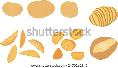 Set of cooked potatoes. Hand drawn vector illustration. French fries, roasted potato, baked potato, hasselback potato.