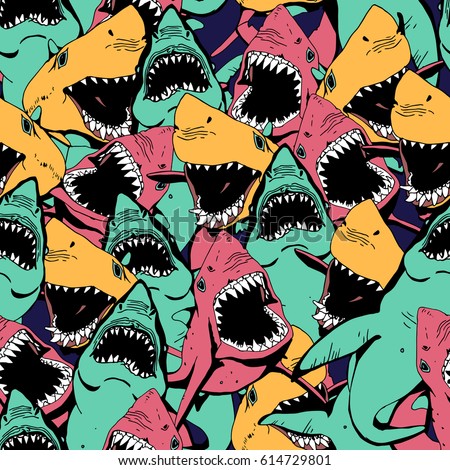 Angry Shark Seamless Pattern. Sea Life Hand Drawn Illustration.