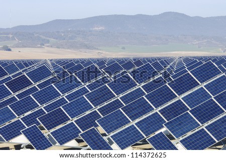 huge solar field with blue sky in Zuera, Saragossa, Aragon, Spain