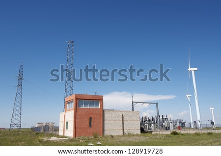 windmills for  electric power production and  electrical substation in La Muela, Saragossa, Aragon, Spain