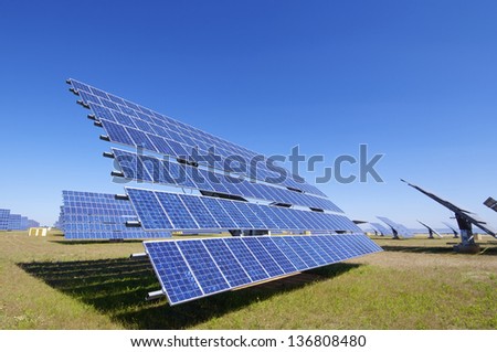Solar field for renewable energy with blue sky