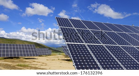 Solar field with blue sky and clouds in Huesca Province, Aragon, Spain