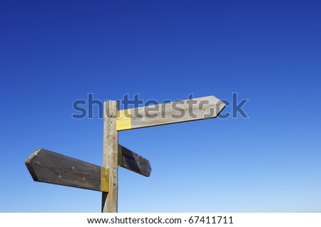 view of three wooden directional signs on a pole