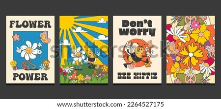 Groovy hippie 70s posters, with retro cartoon style. Vector illustration