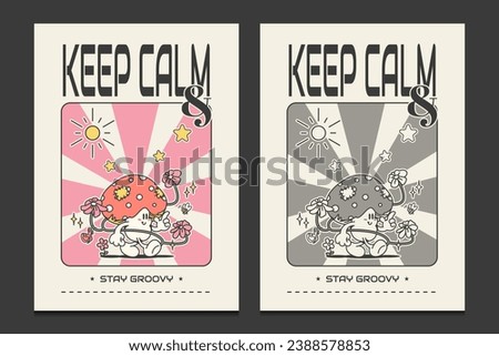 groovy 70s posters with a funny mushroom cartoon character, vector illustration