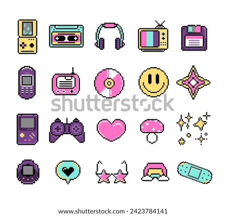 set of retro y2k elements in pixel art, vector illustration