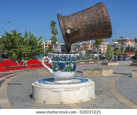 ctober 2,2015 : photo sculptures cup of coffee in the Russian park in Antalya , Turkey