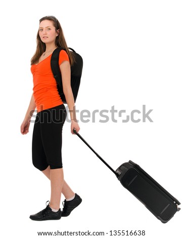 a beautiful woman tourist with luggage isolated on white background