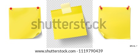 Yellow stick paper notes with push pins and tape on white background. Vector illustration. Can be use for your design, presentation, promo, adv. EPS10.