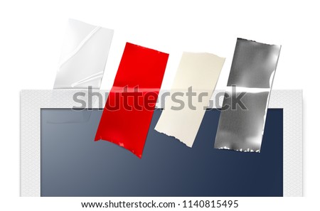 Realistic adhesive tapes of different materials on photo frame. Vector illustration. Сan be used for different backgrounds and objects. Ready for your design. EPS10.