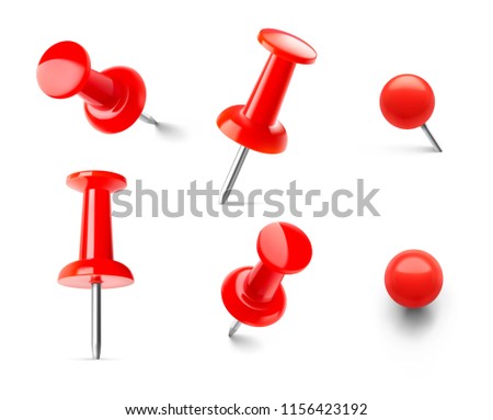 Set of red push pins in different angles isolated on white background. Vector illustration. EPS10.