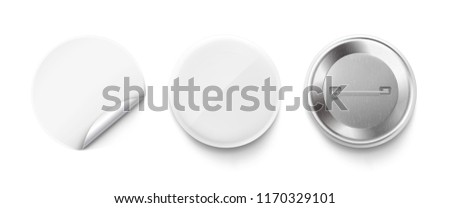 Universal mockup of white badge with sticker. Vector realistic illustration on white background, ready and simple to use for your design. EPS10.