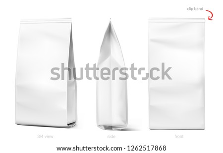 Set of mockup bags with clip band isolated on white background. Vector illustration. Can be use for your design, presentation, promo, ad. EPS10.