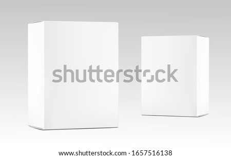 Realistic cardboard packaging box mockup. Vector illustration on grey background. Can be use for medicine, food, cosmetic and other. Ready for your presentation. EPS10.	
