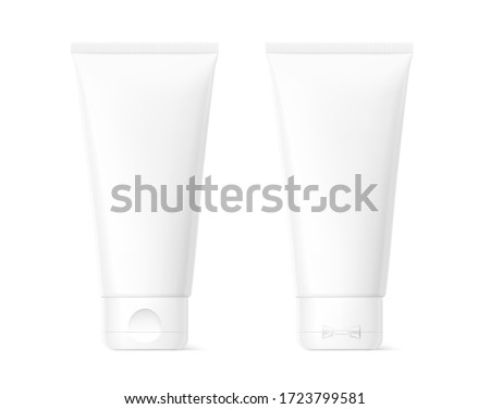 Blank plastic tube mockup for cosmetics with cap. Front and view. Vector illustration isolated on white background. Can be use for your design, advertising, promo and etc. EPS10.