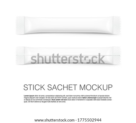 Stick pack for products of the food and cosmetic industry on white background. Front and side view. Realistic and contour vector illustration. Possibility use for granulated, powder products. 