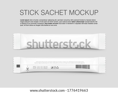 Stick pack for products of the food and cosmetic industry on grey background. Front and side view. Realistic and contour vector illustration. Possibility use for granulated, powder products. 