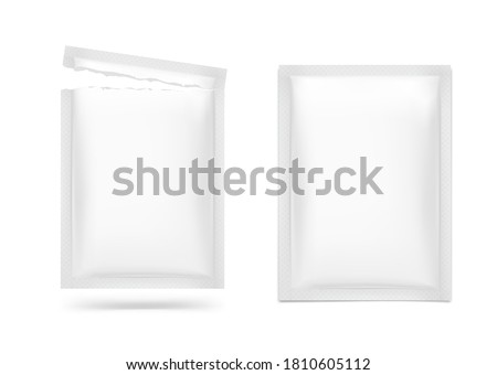 Open and close blank sachet packaging for food, cosmetic and hygiene. Vector illustration on white background. Ready for your design. EPS10.	