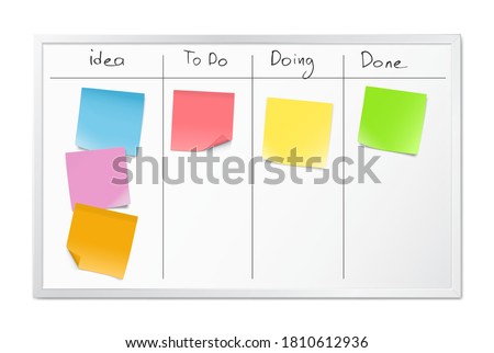 Set of blank paper notes on kanban whiteboard. Vector illustration. EPS10.