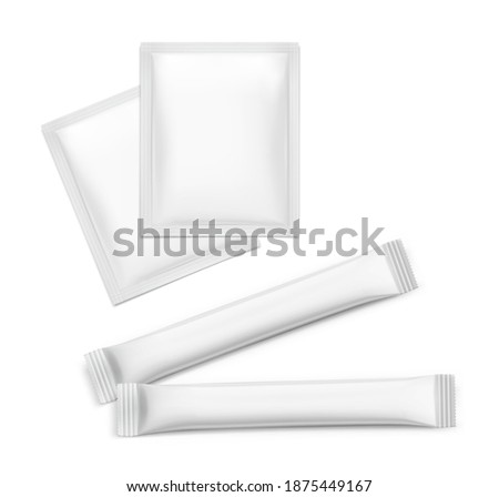 Set of sachets and sticks mockups. Front view. Vector illustration isolated on white background. Can be use for food, medicine, cosmetic and etc. Ready for your design. EPS10.