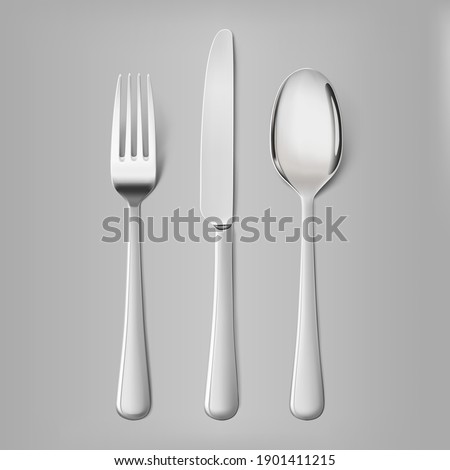 Set cutlery of fork, spoon and knife. Hight realistic vector illustration on gray background. Ready for your design. EPS10.	