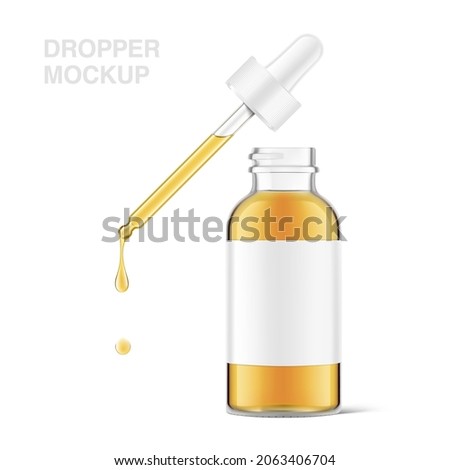 Pipette mockup with dropper bottle isolated on white background. Vector illustration. Front view. Сan be used for cosmetic, medical and other needs. EPS10.	