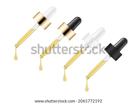 Pipette mockups for dropper bottle isolated on white background. Vector illustration. Front view. Сan be used for cosmetic, medical and other needs. EPS10.	