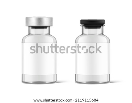 Transparent glass bottles for injections mockup. Vector illustration isolated on white background. Can be use for medicine, cosmetic and other. Perfect for final pack shot. EPS10.	