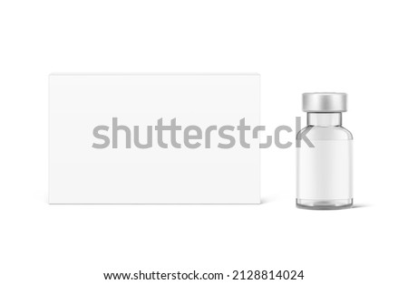 Transparent glass bottle for injections mockup near the cardboard box. Vector illustration. Can be use for medicine, cosmetic and other. EPS10.	