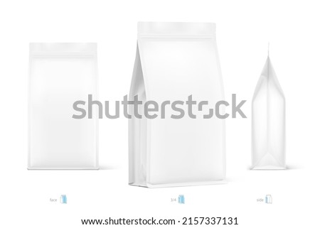 Vertical bag mockup. Vector illustration. Front, side and isometric. Perspective view. Ready for your design. Perfect for the presentation of coffee, food, for pets, household, etc.