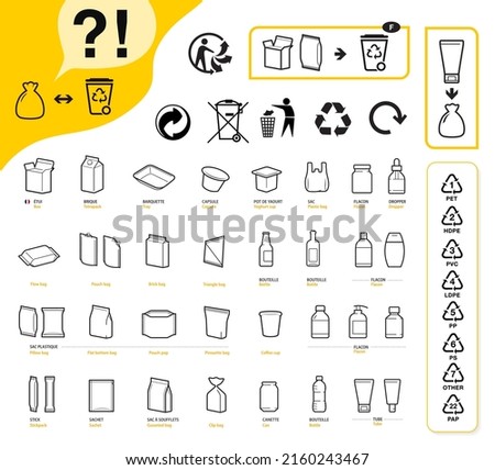 A set of packaging type icons for recycled sorting. Vector elements are made with high contrast, well suited to different scales. Ready for use in your design. EPS10.	